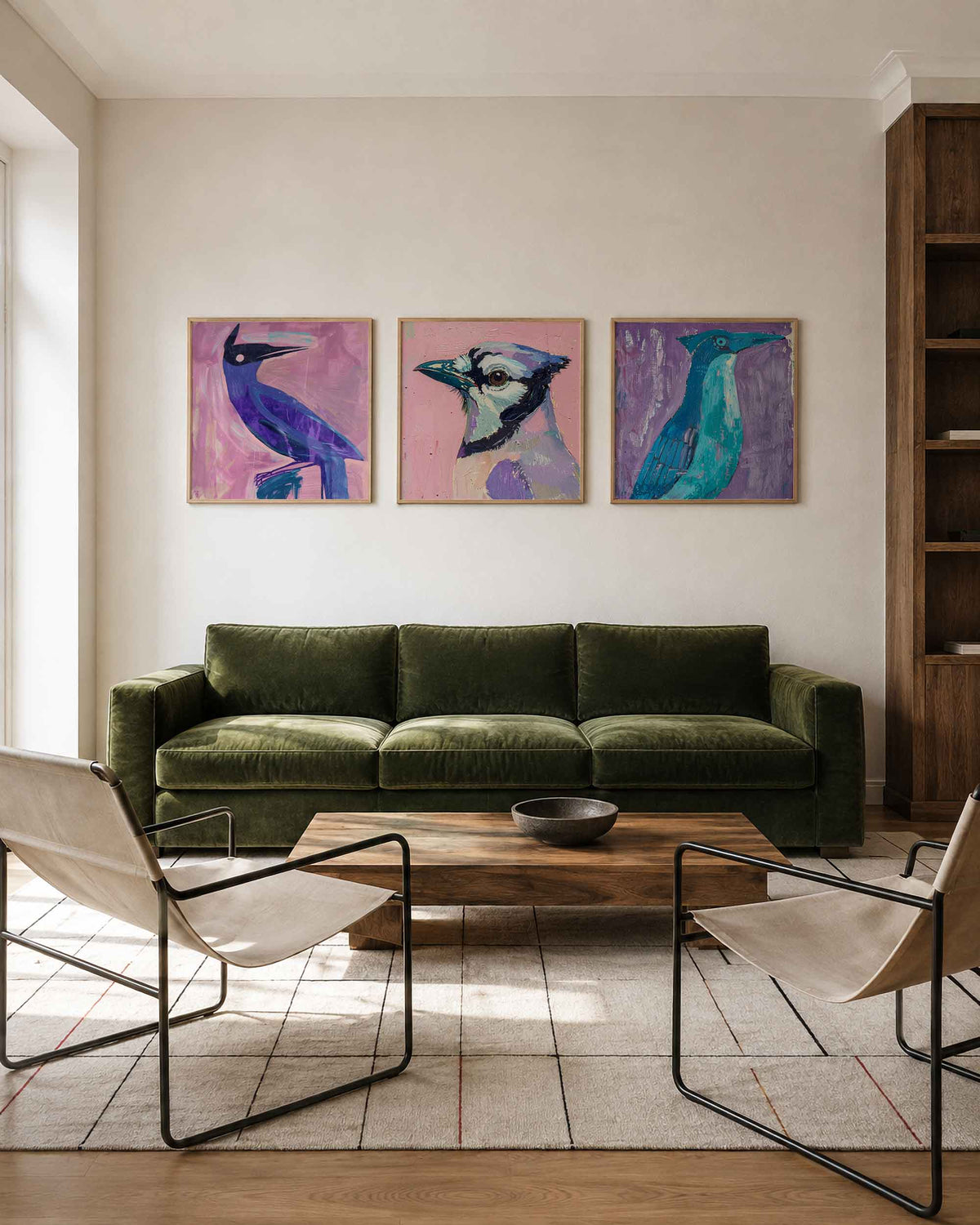 Interieurpresentatie van een driedelige vierkante posterset met kleurrijke vogels