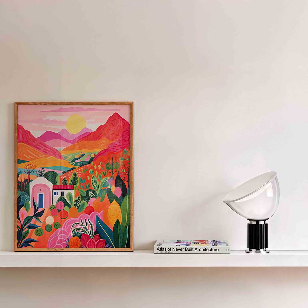 Landschap met bergen en zon Poster