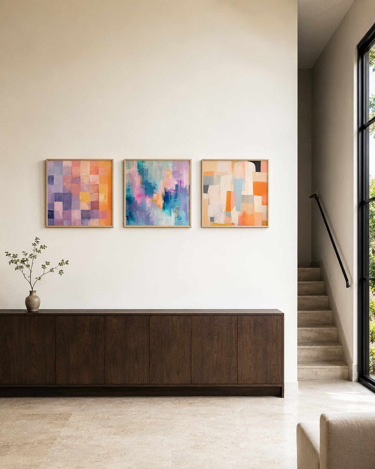 Interieurpresentatie van een driedelige vierkante posterset met kleurrijke abstracte vlakken