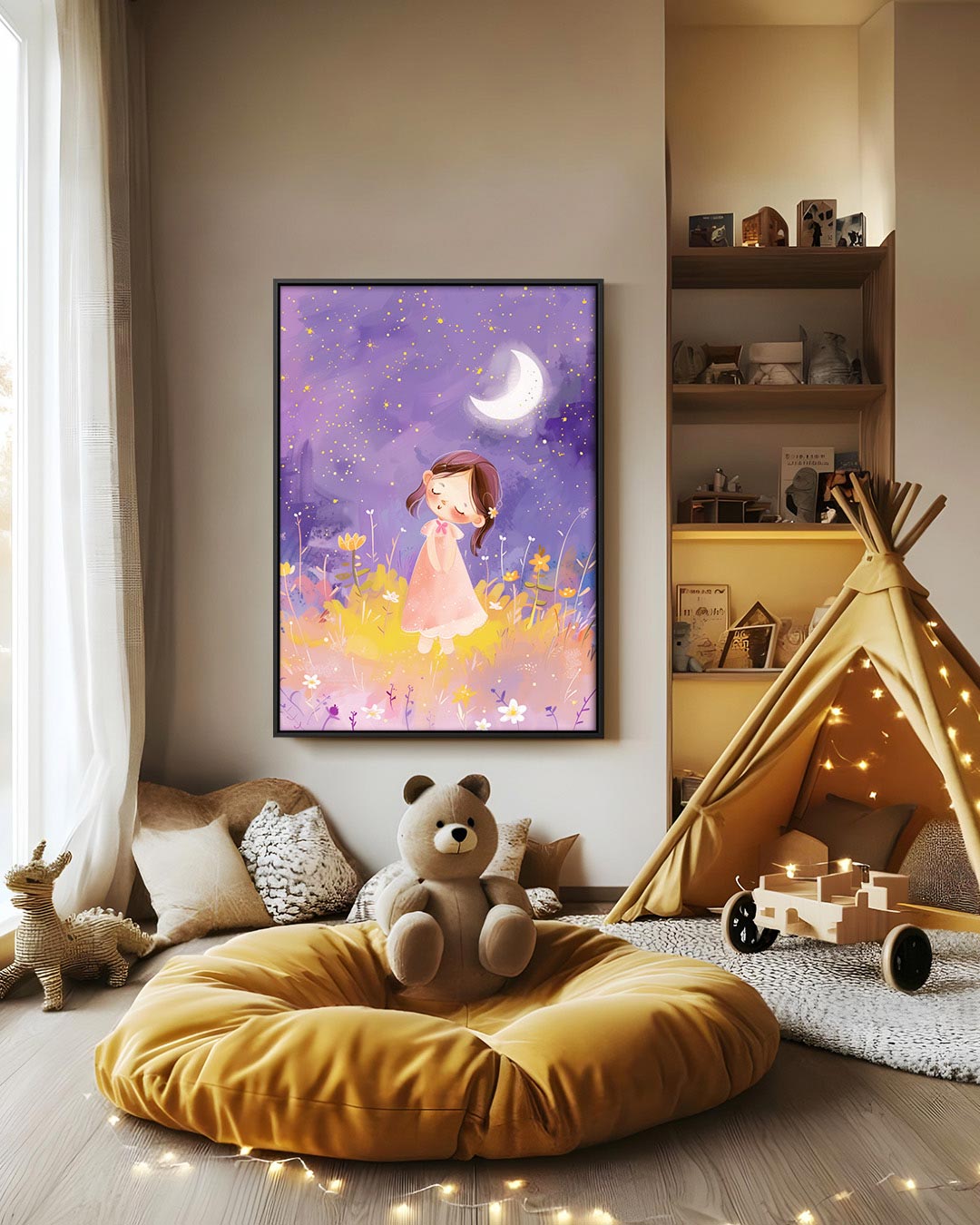Dromerig meisje onder sterren Kunstwerk