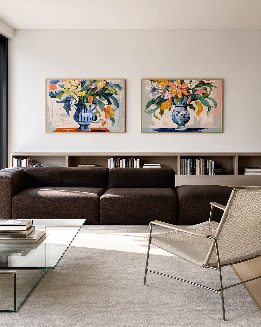 Twee liggende posters met een levendige vaas met kleurrijke bloemen, aan de muur in een interieur