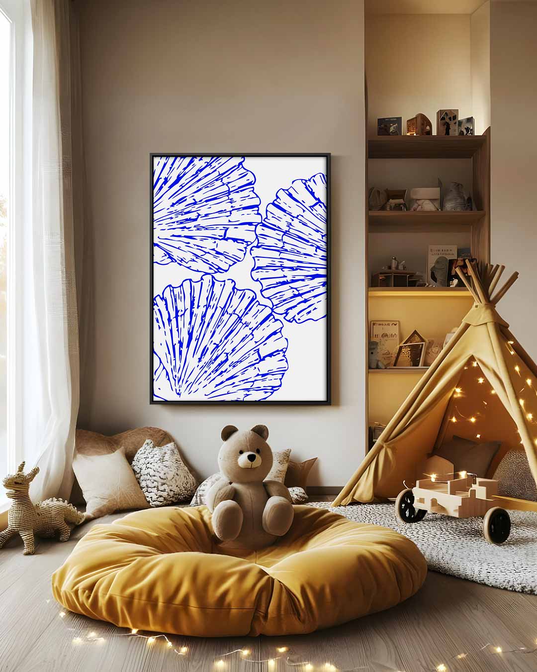 Blauwe schelpenpatroon Kunstwerk-canvas-dibond-plexiglas-wanddecoratie-WallArtistic