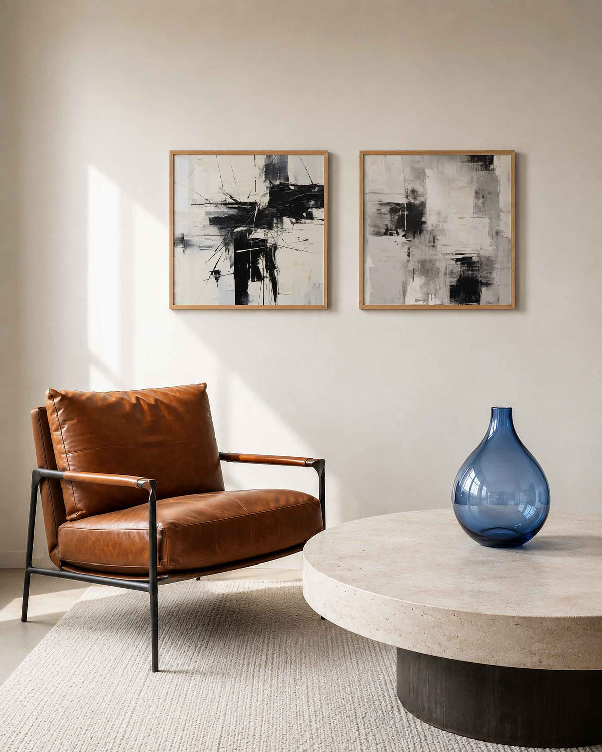Interieurpresentatie van een tweedelige vierkante posterset met zwart witte verfvakken