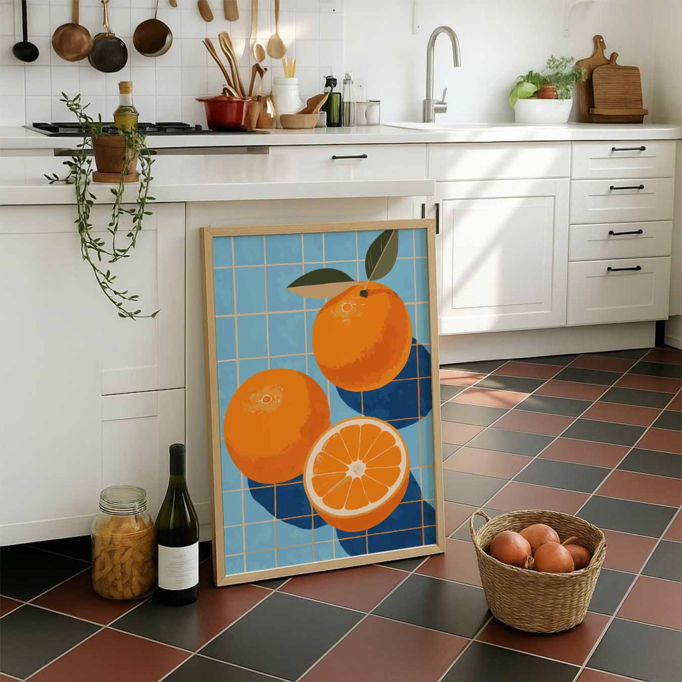 Zonnige Sinaasappels op Blauwe Tegels Poster-WallArtistic