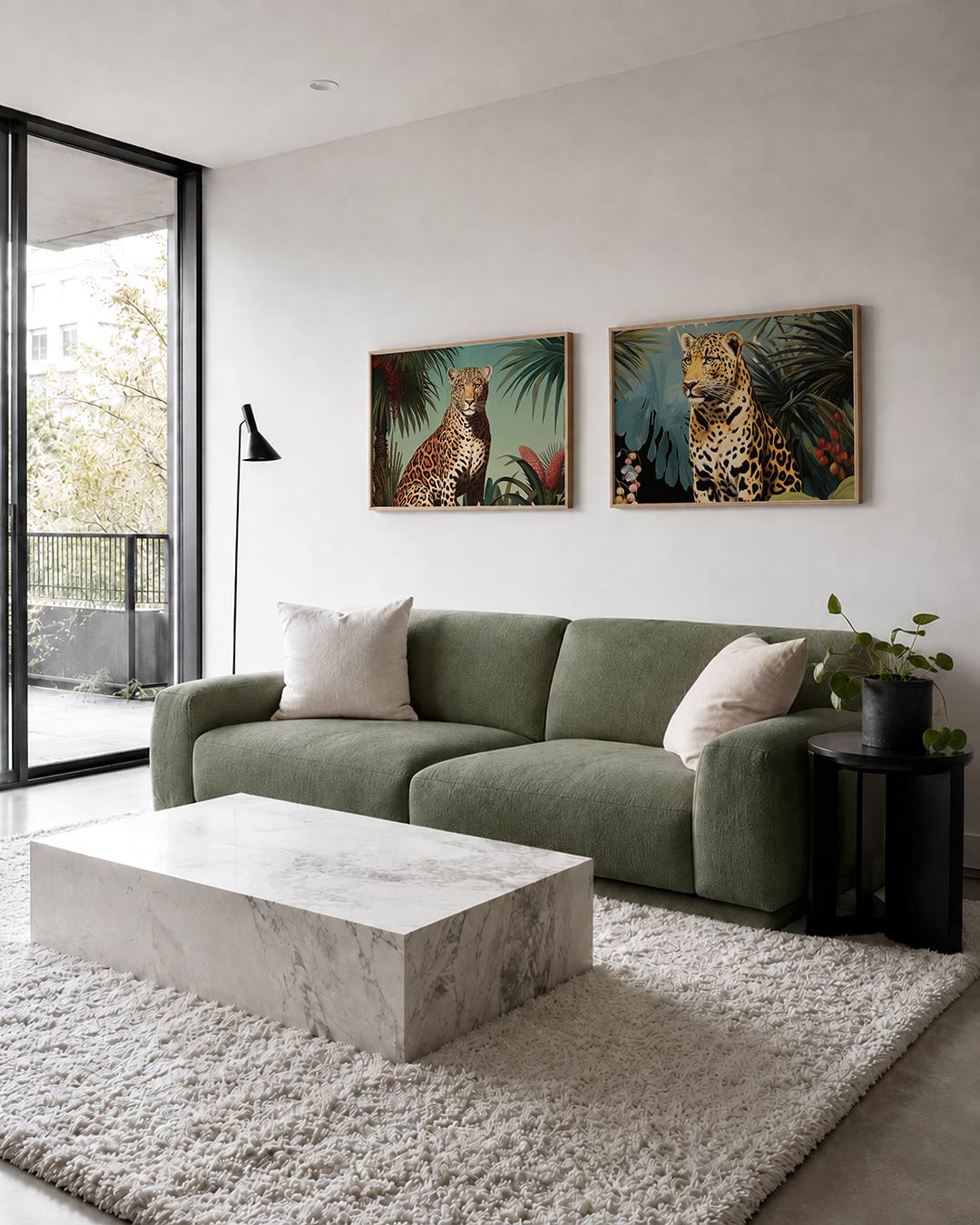 Twee liggende posters met een luipaard tussen groene bladeren en bloemen, aan de muur in een interieur