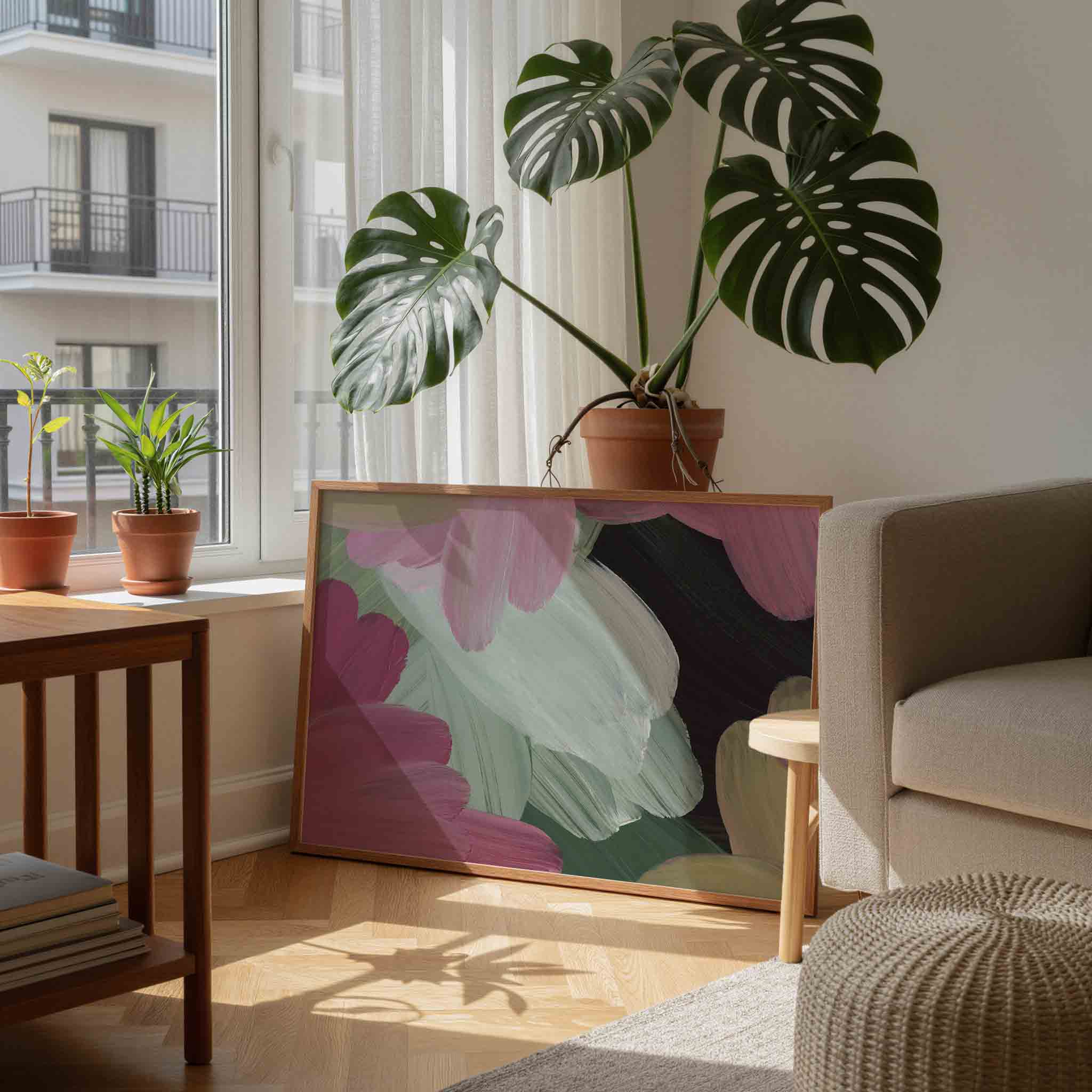 Bloemvormen in roze en groen Poster