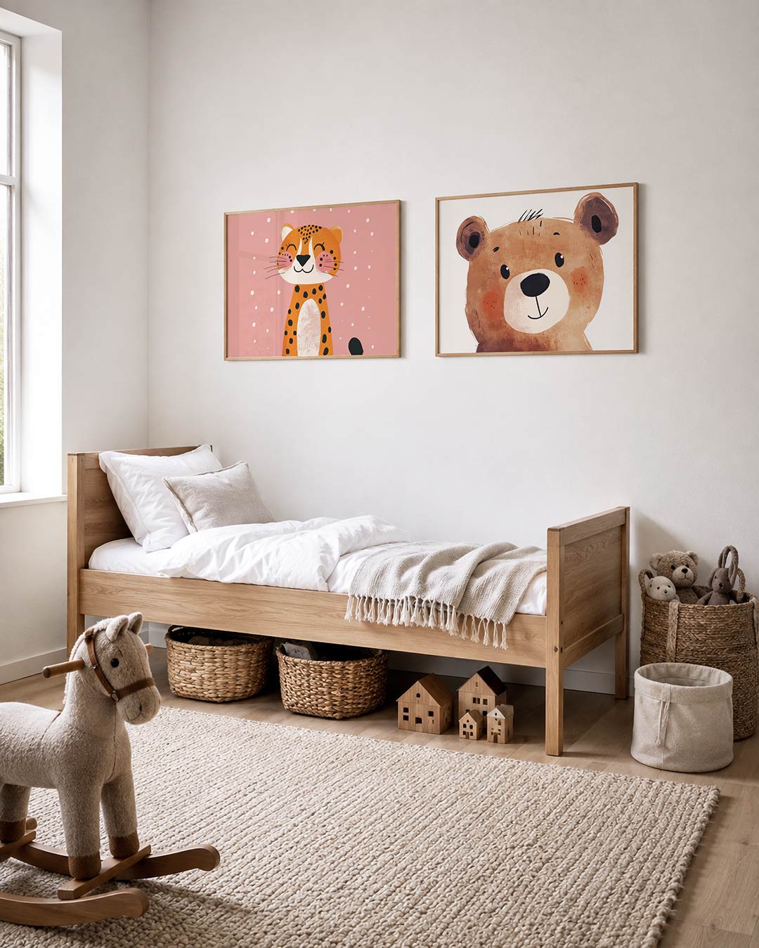 Tweedelige posterset met een schattige luipaard met een lachend gezicht op een roze achtergrond, getoond in een interieur