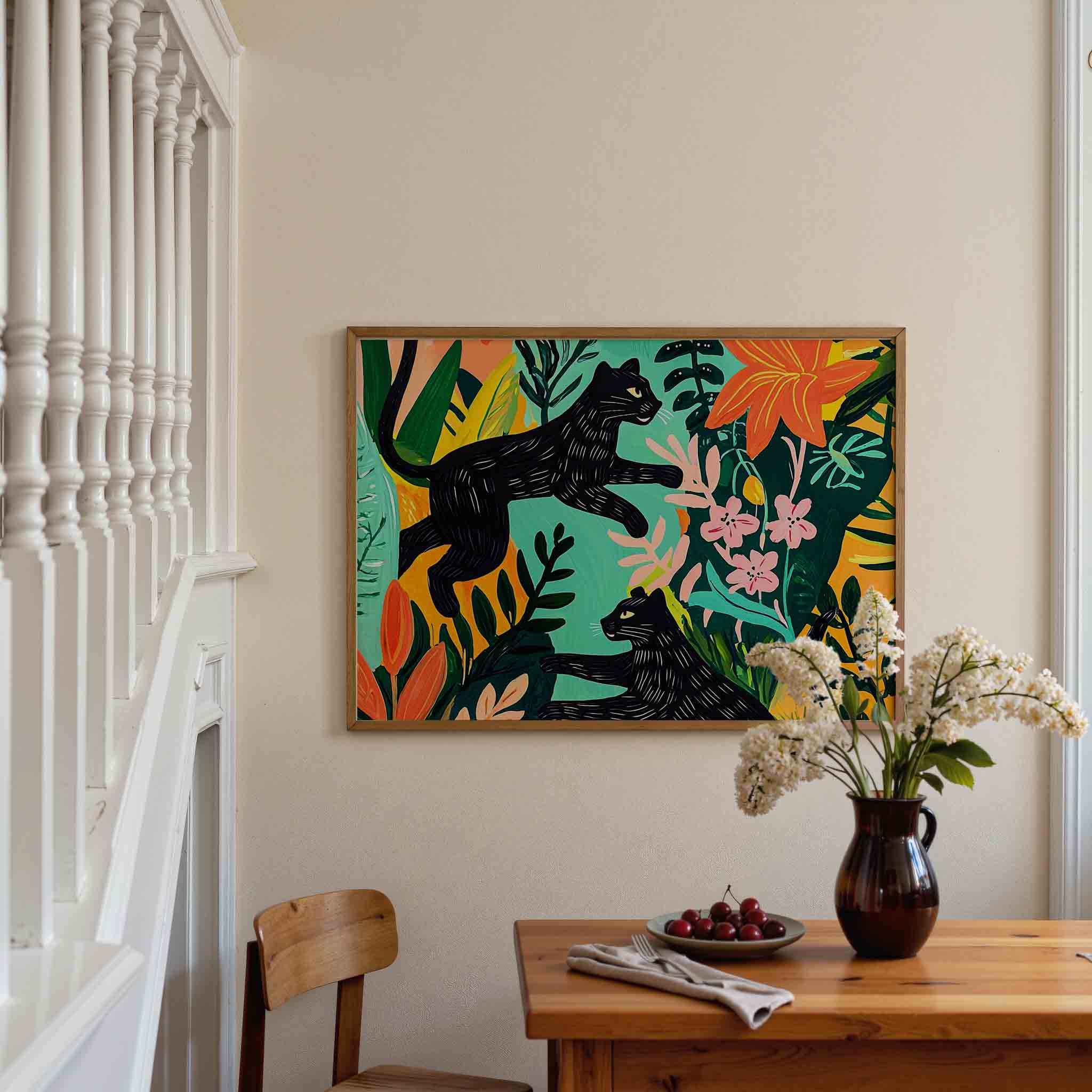 Zwarte panters en bloemen Poster