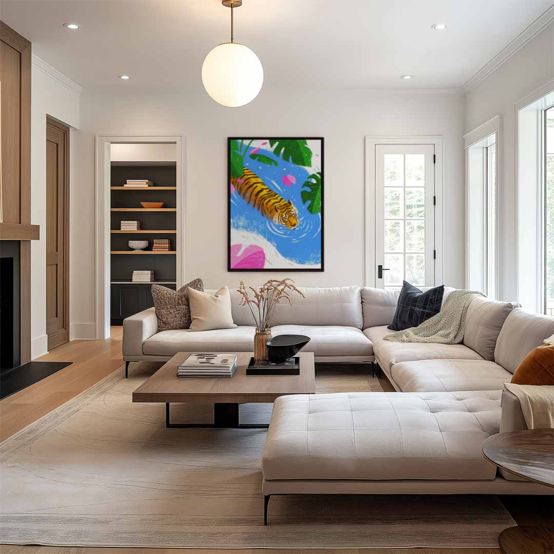 Zwemmende Tijger in Tropisch Water Kunstwerk-canvas-dibond-plexiglas-wanddecoratie-WallArtistic
