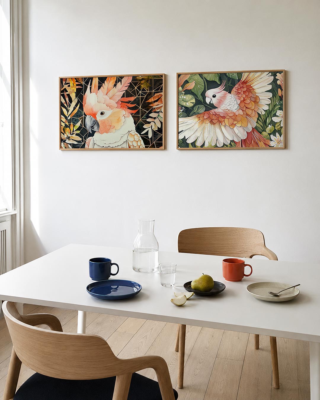 Twee liggende posters met een kleurrijke vogel met zachte veren in oranje en roze tinten, aan de muur in een interieur