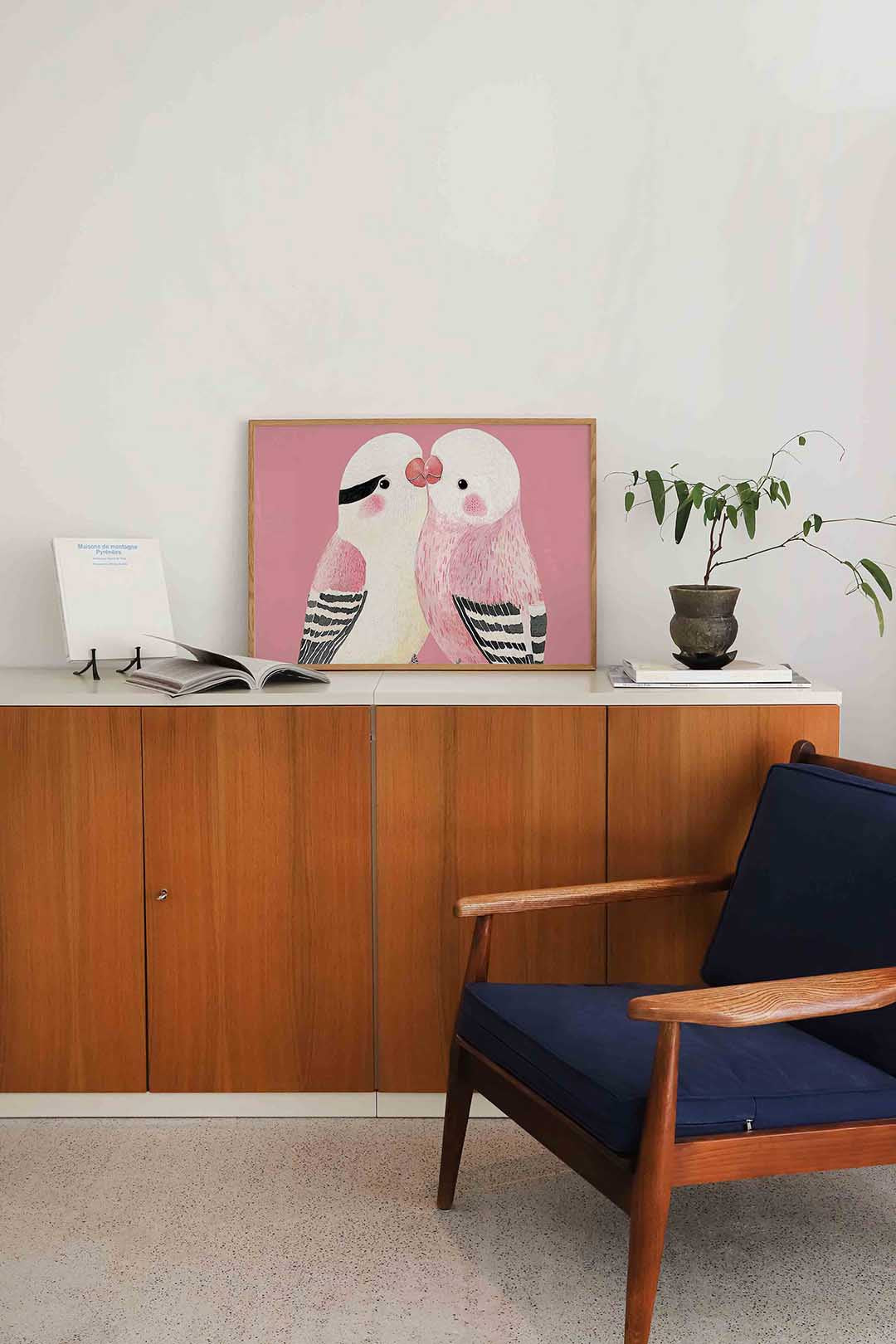 Twee vogels op roze Poster