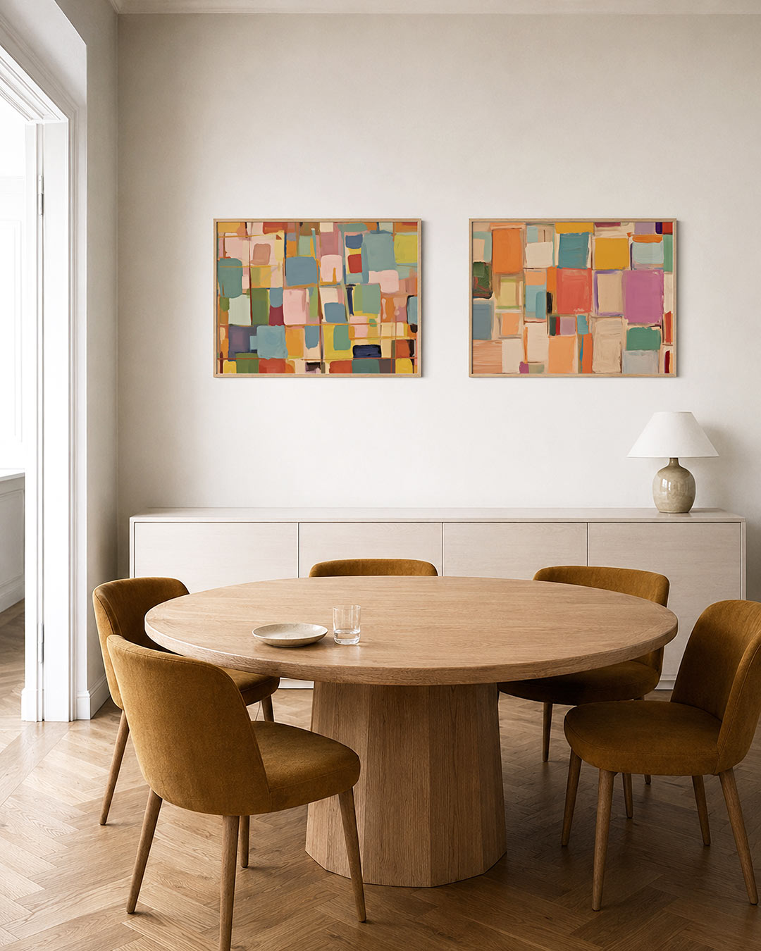 Twee liggende posters met rechthoeken in zachte en felle tinten, aan de muur in een interieur