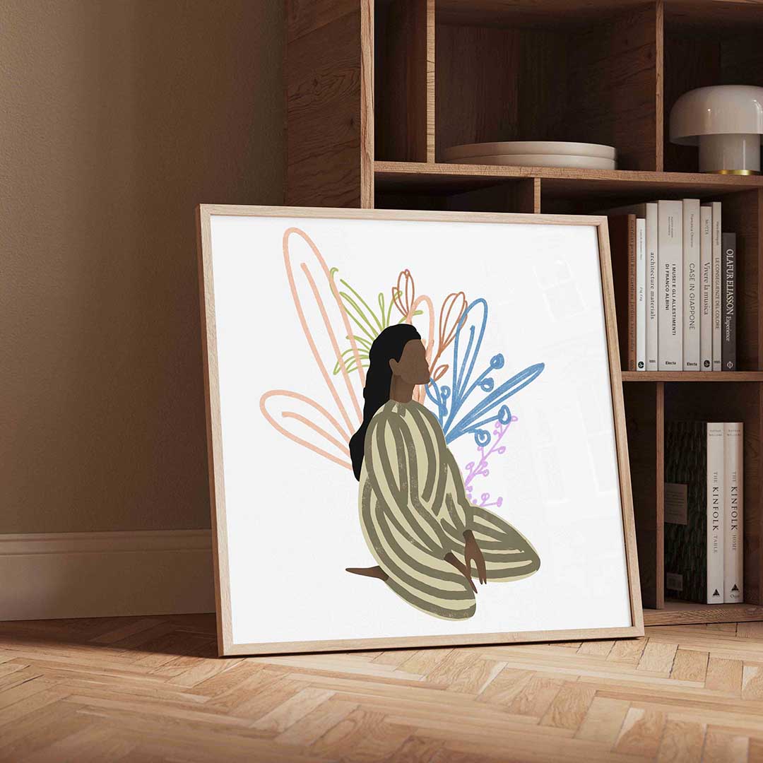 Zittende figuur met kleurrijke vormen Poster