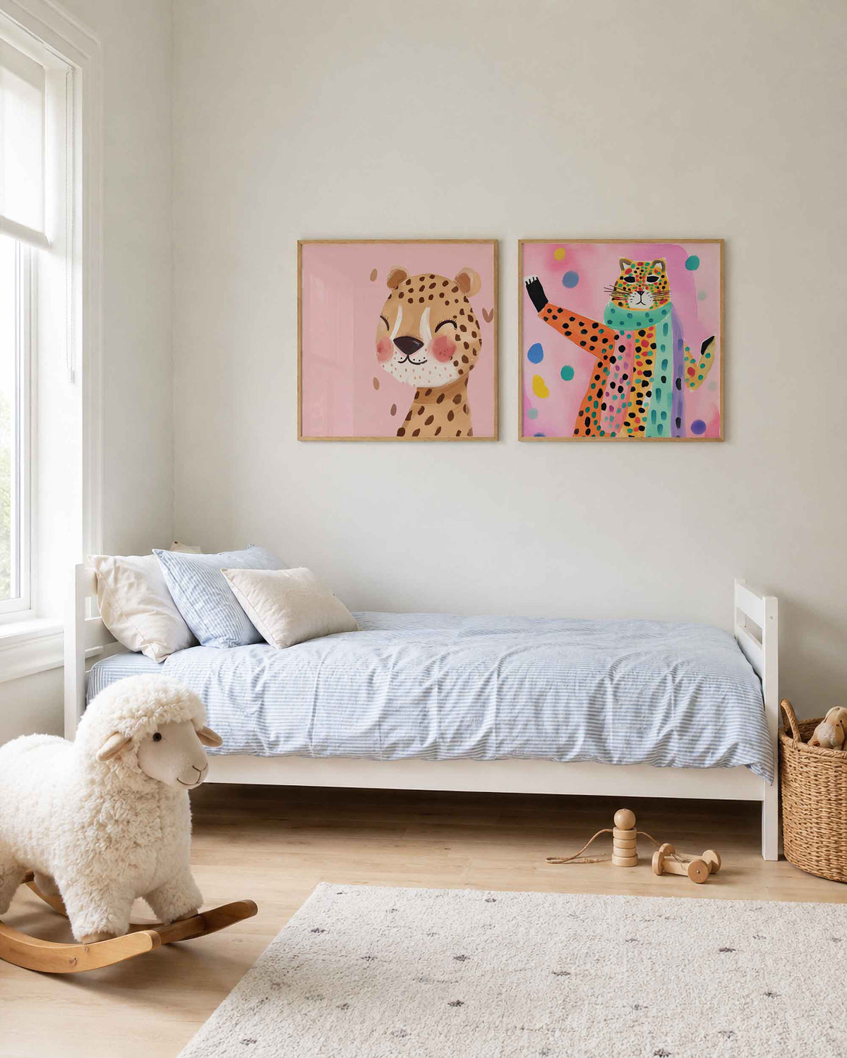 Interieurpresentatie van een tweedelige vierkante posterset met luipaard en kleurrijke kat