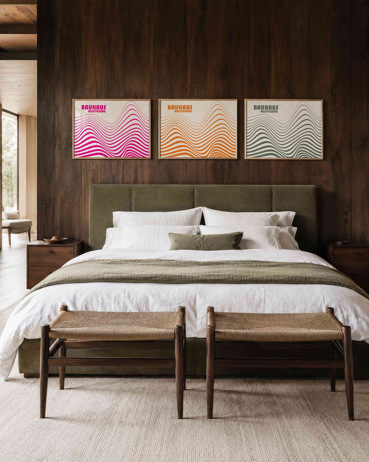 Interieurmockup van drieluik landscape-posterset met golven in drie kleuren