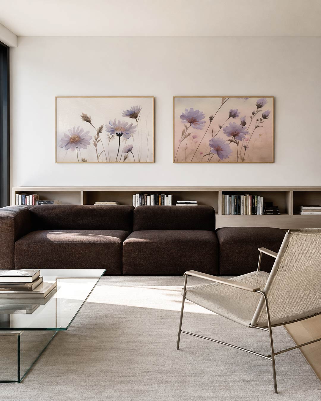 Tweedelige posterset met delicate bloemen in zachte pastelkleuren, getoond in een interieur