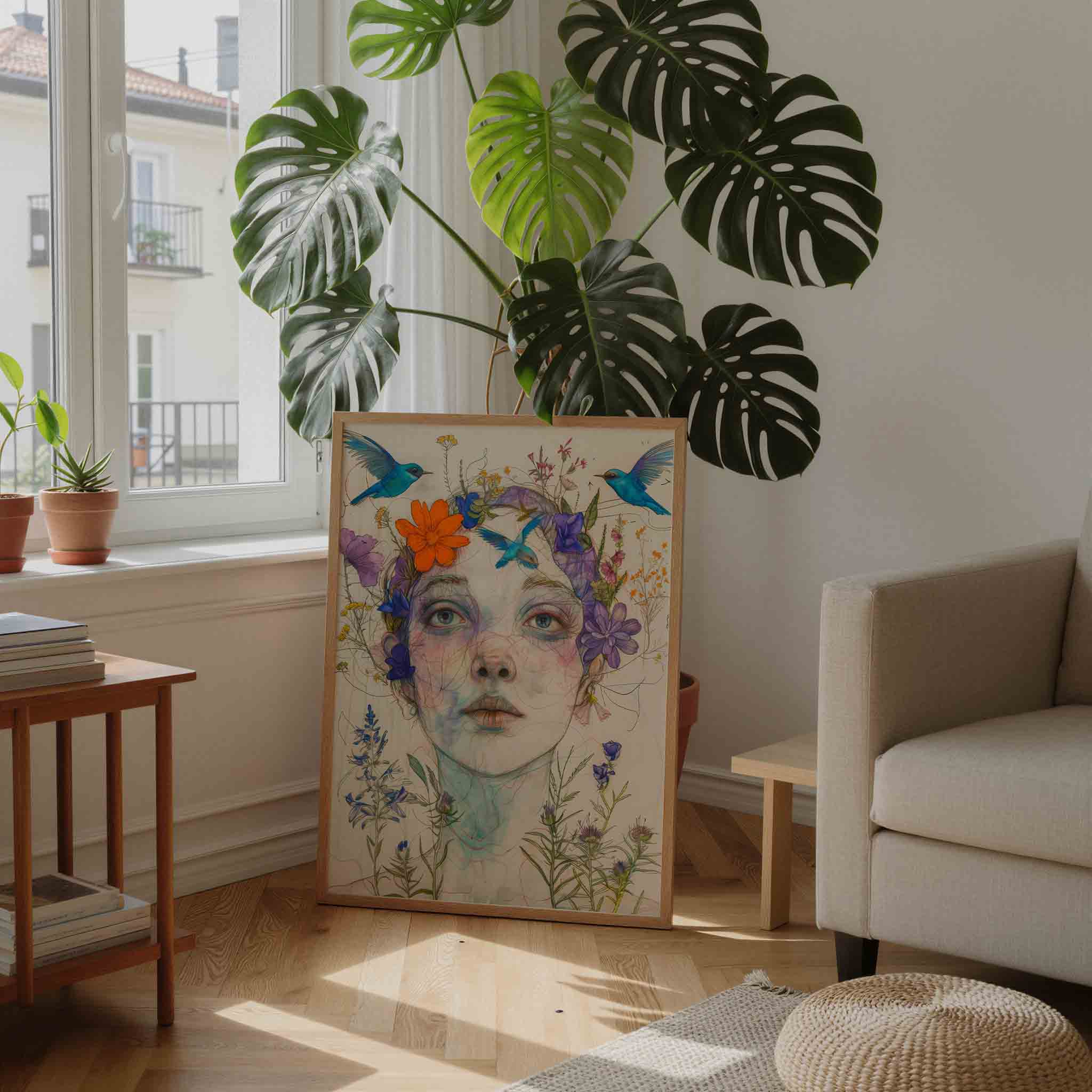 Vrouw met bloemen en vogels Poster