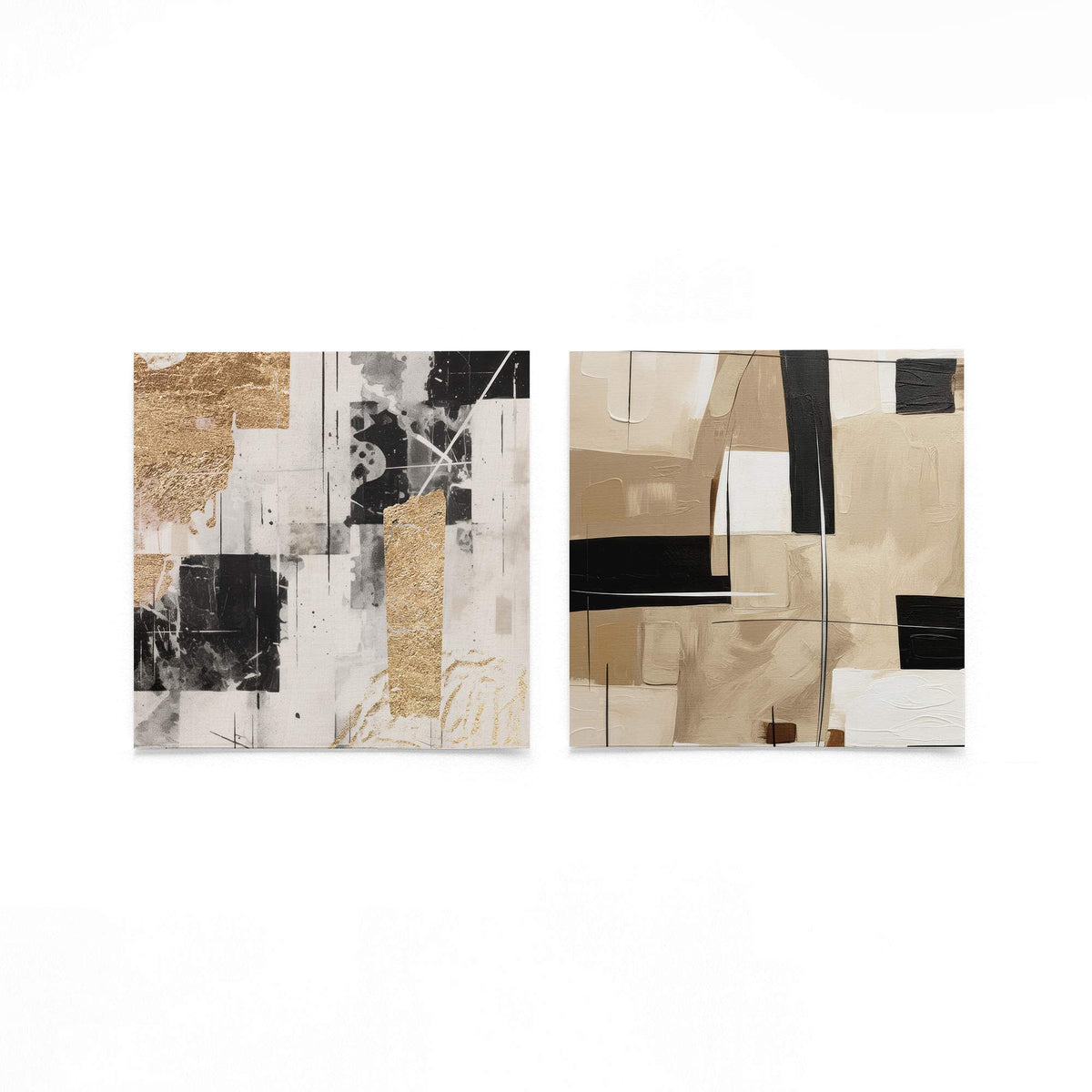 Twee vierkante posters met zwart beige abstracte op een gebroken witte achtergrond