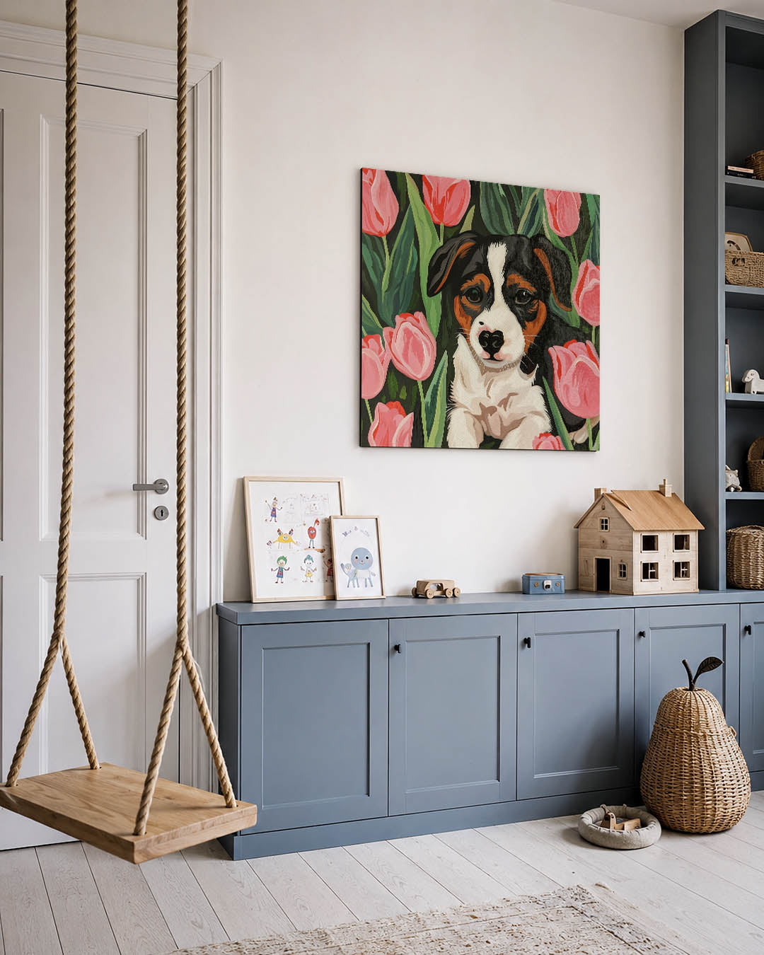 Hond tussen tulpen Kunstwerk