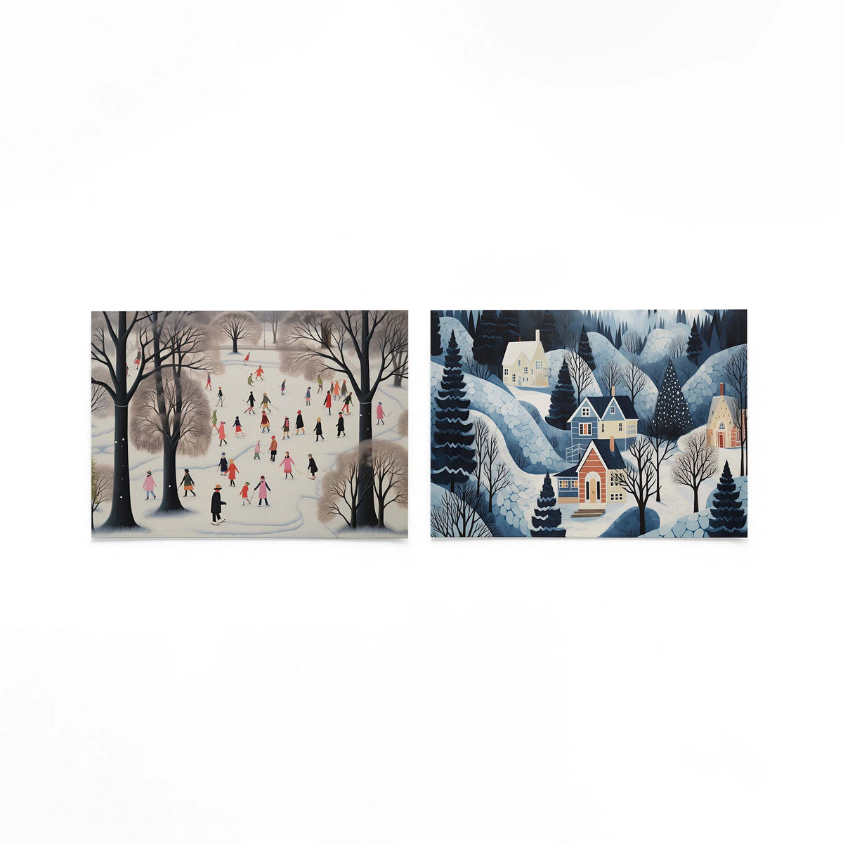 Twee liggende posters met in deze posterset zie je een serene winterse scène met mensen op een gebroken witte achtergrond