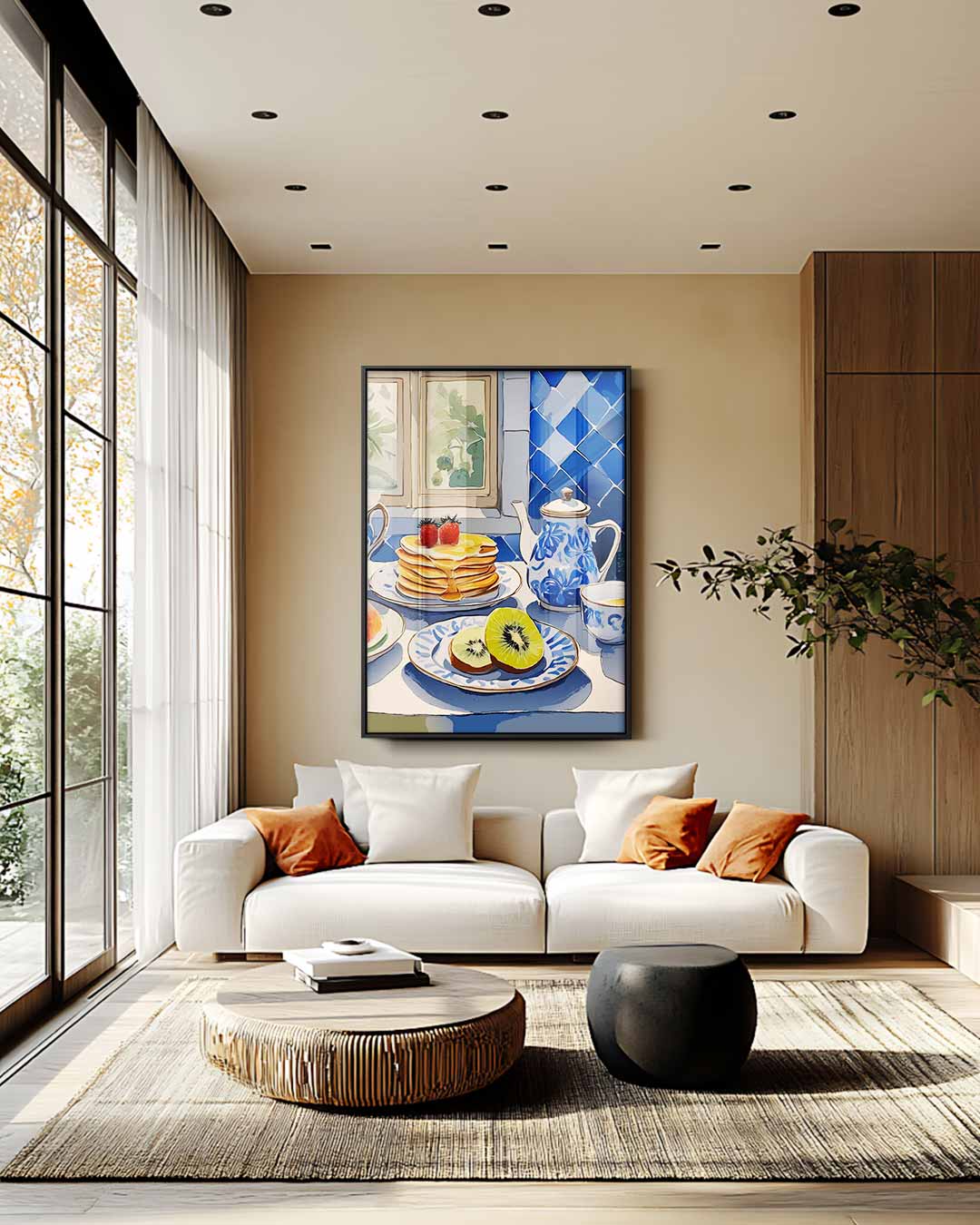 Ontbijttafel in Blauwe Tegelstijl Kunstwerk-canvas-dibond-plexiglas-wanddecoratie-WallArtistic