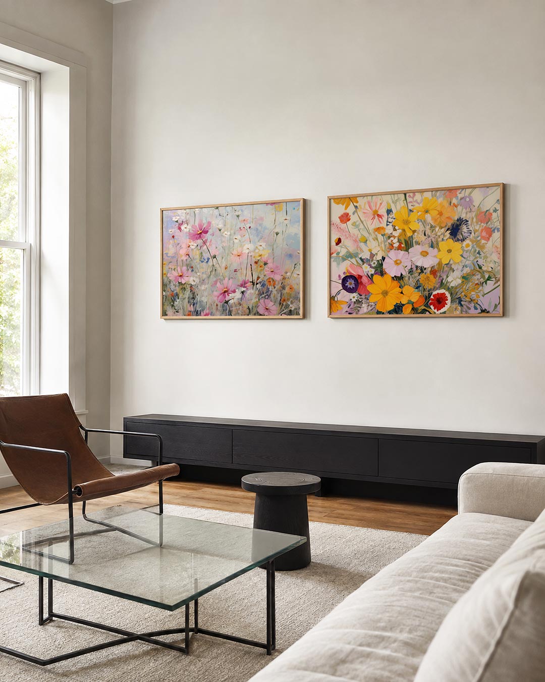 Twee liggende posters met een weelderige bloemenzee met roze, witte en gele tinten, aan de muur in een interieur