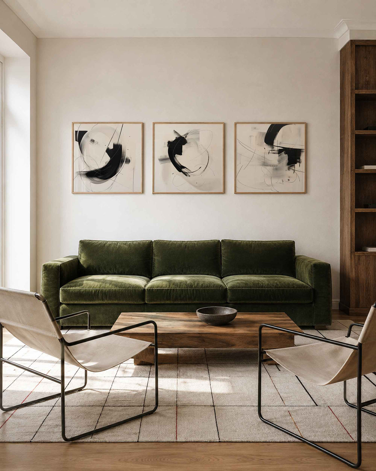 Interieurpresentatie van een driedelige vierkante posterset met abstracte zwart wit