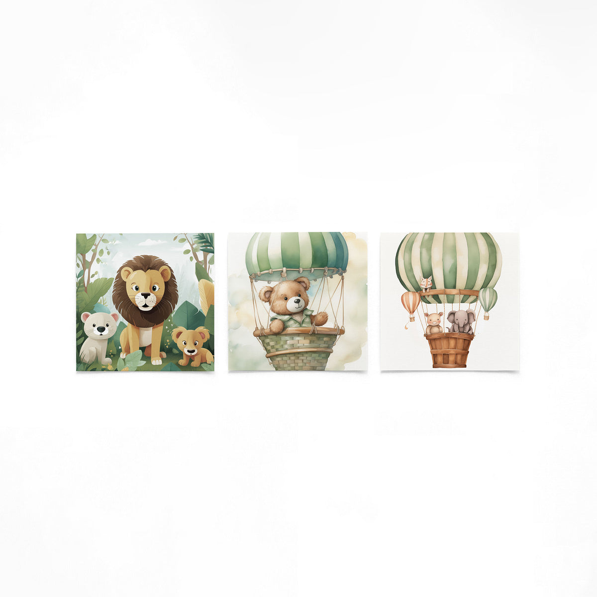 Drie vierkante posters met dieren en ballonnen op een gebroken witte achtergrond
