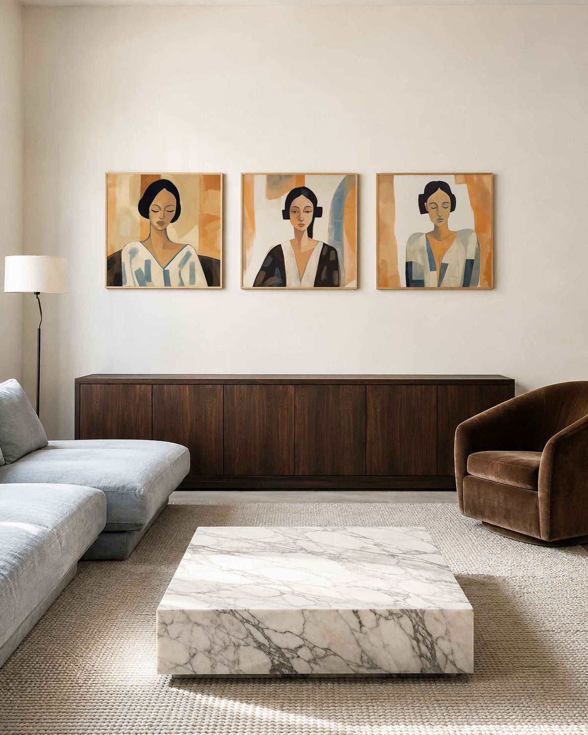 Interieurpresentatie van een driedelige vierkante posterset met gestileerde vrouwenportretten