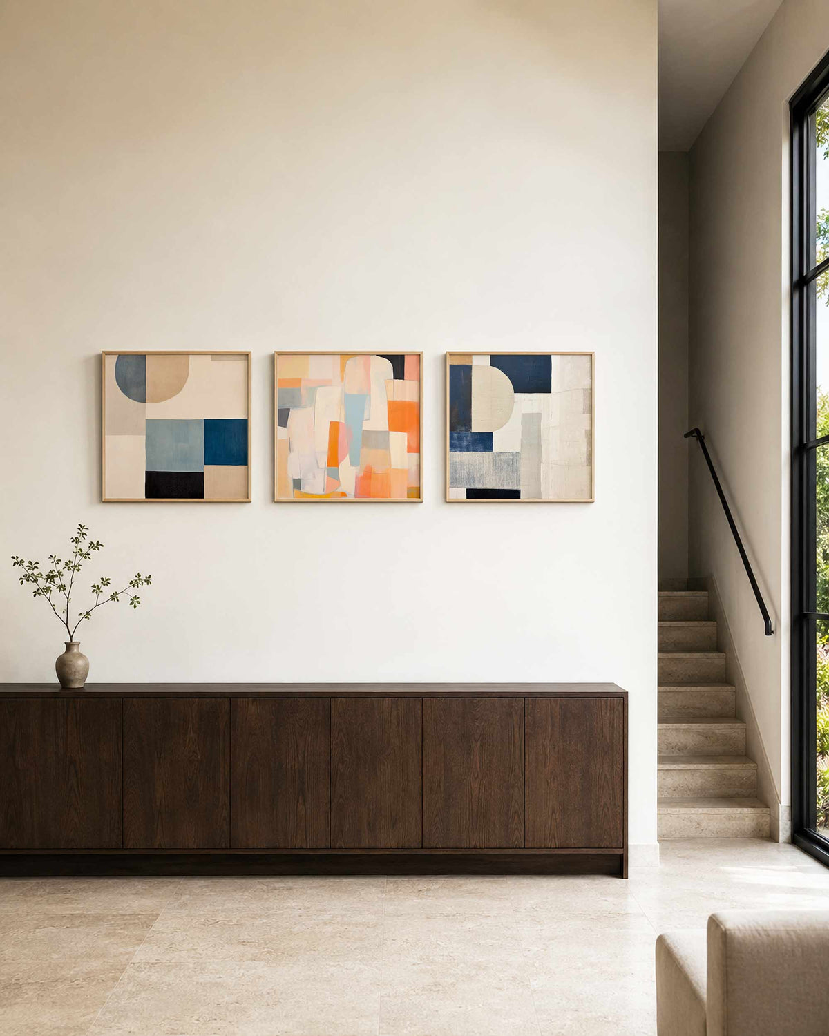 Interieurpresentatie van een driedelige vierkante posterset met abstracte vlakken