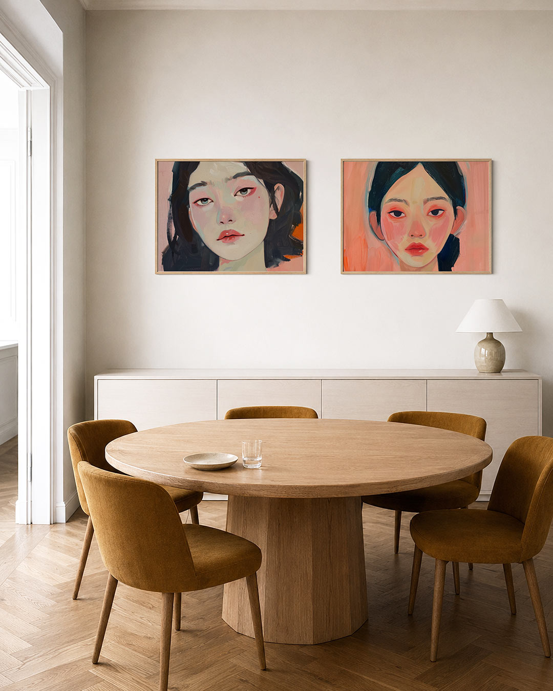 Twee liggende posters met donkere tinten en een rustige visuele opbouw, aan de muur in een interieur