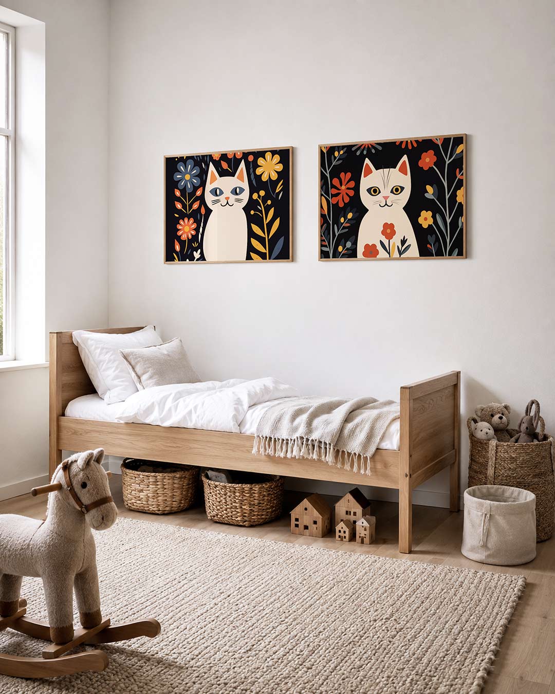 Twee liggende posters met een speelse kat omringd door kleurrijke bloemen, aan de muur in een interieur
