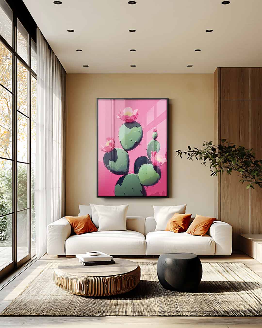 Cactus Bloei op Roze Achtergrond Kunstwerk-canvas-dibond-plexiglas-wanddecoratie-WallArtistic