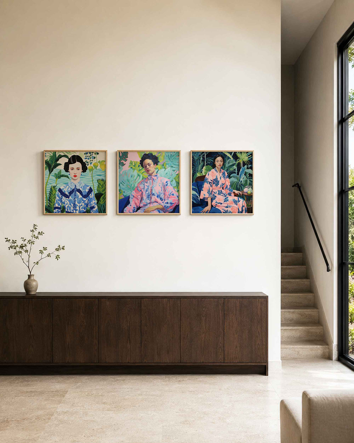 Interieurpresentatie van een driedelige vierkante posterset met vrouwenportretten in botanische tuinen