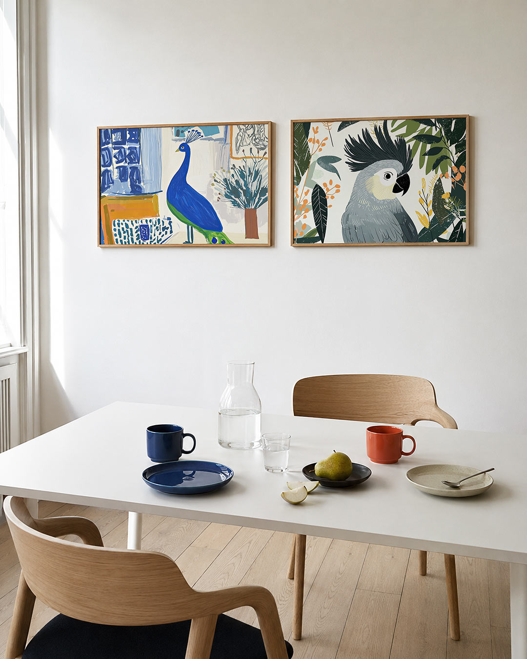 Tweedelige posterset met een levendige pauw in blauw en groen, getoond in een interieur