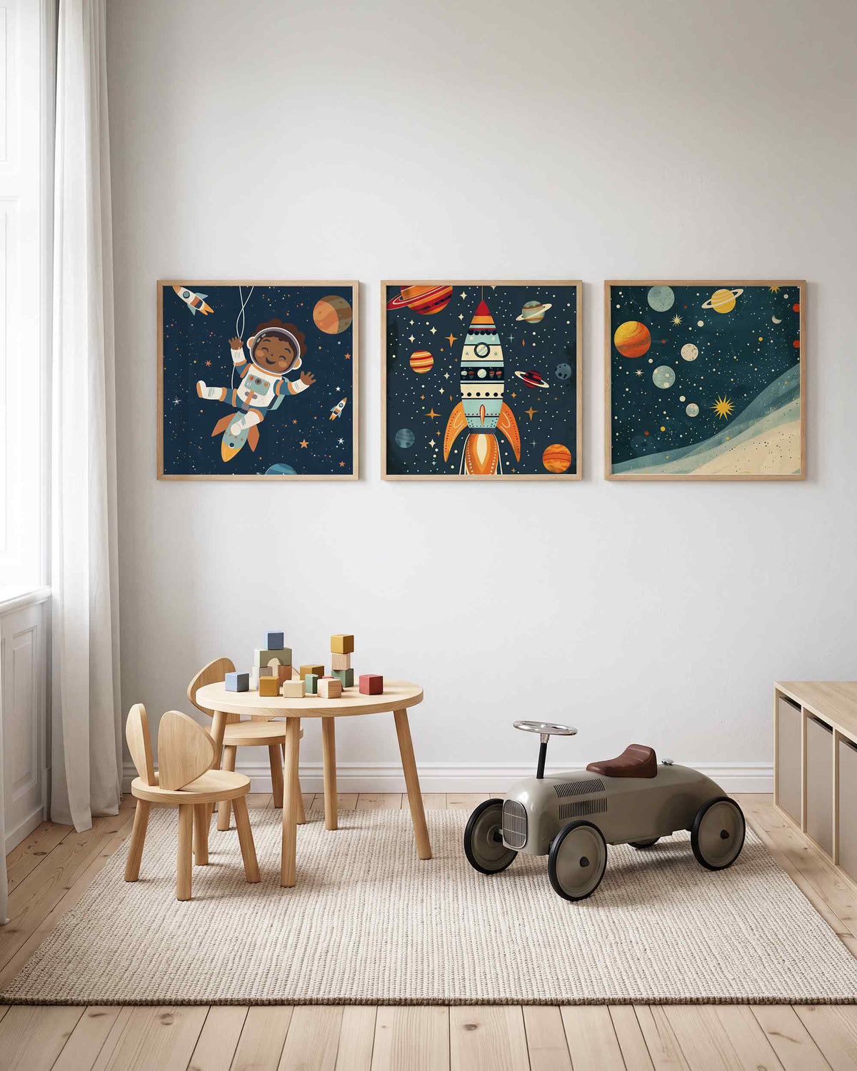 Interieurpresentatie van een driedelige vierkante posterset met ruimtevaart en planeten