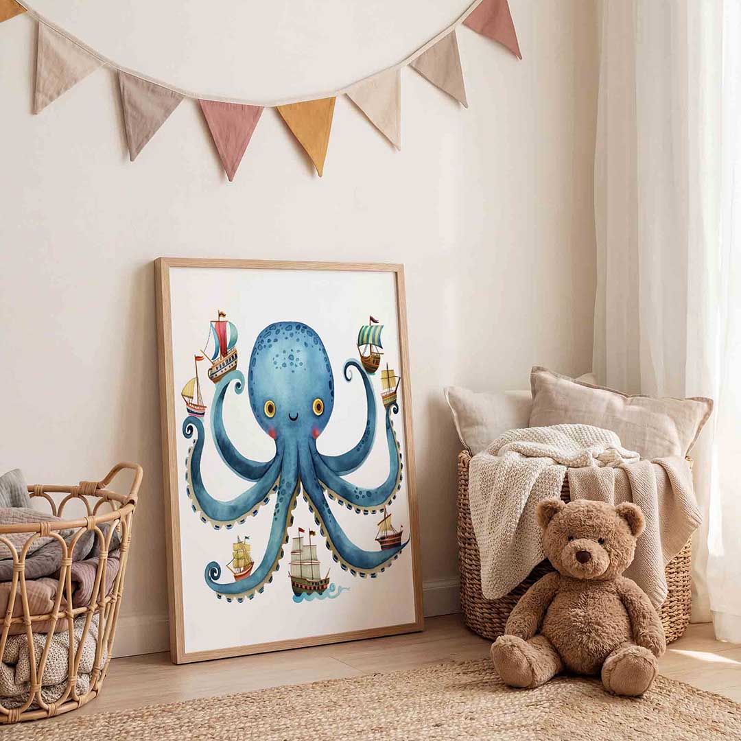 Blauwe octopus met schepen Poster