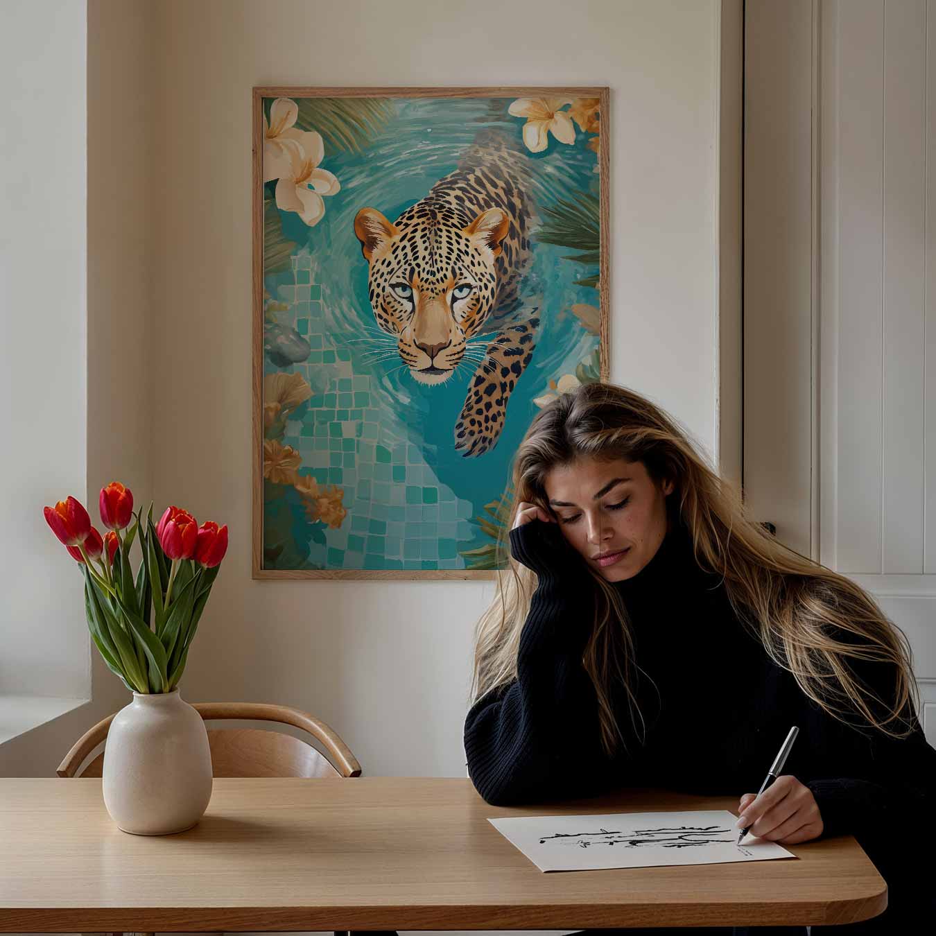 Dappere Luipaard in Paradijselijke Zwempartij Poster-WallArtistic