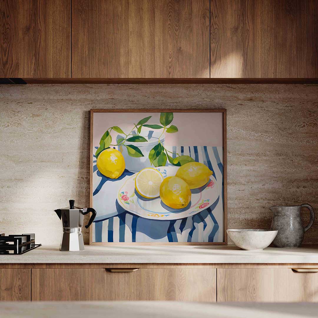 Citroenen op gestreept tafelkleed Poster