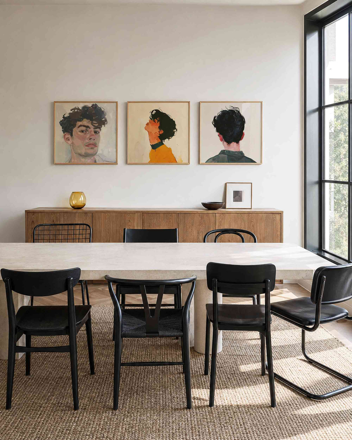Interieurpresentatie van een driedelige vierkante posterset met geschilderde portretten