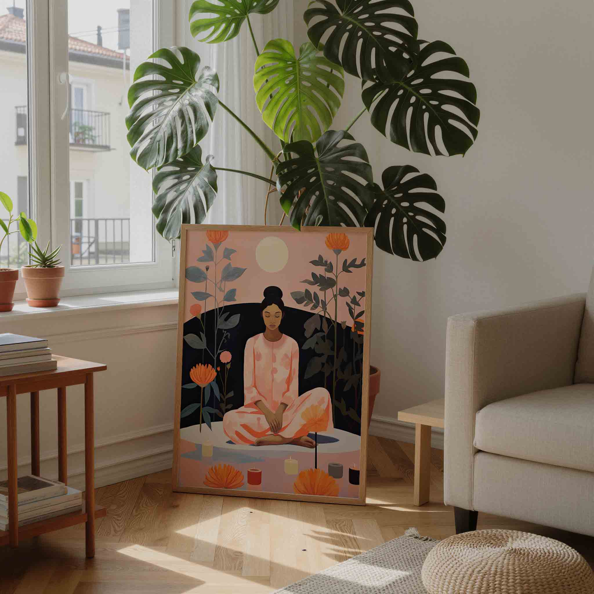 Mediterende vrouw met bloemen Poster