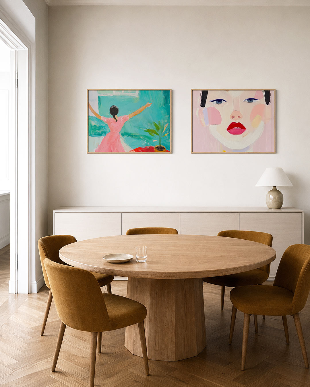 Tweedelige posterset met een vrouw in een roze jurk strekt haar armen uit in een kamer, getoond in een interieur