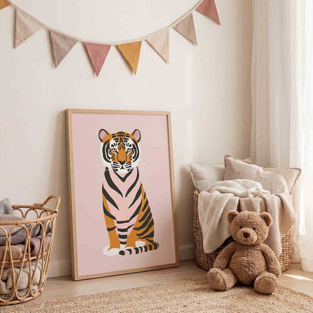 Tijger op roze achtergrond Poster