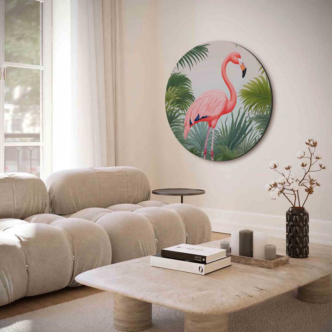Flamingo en bladeren Muurcirkel