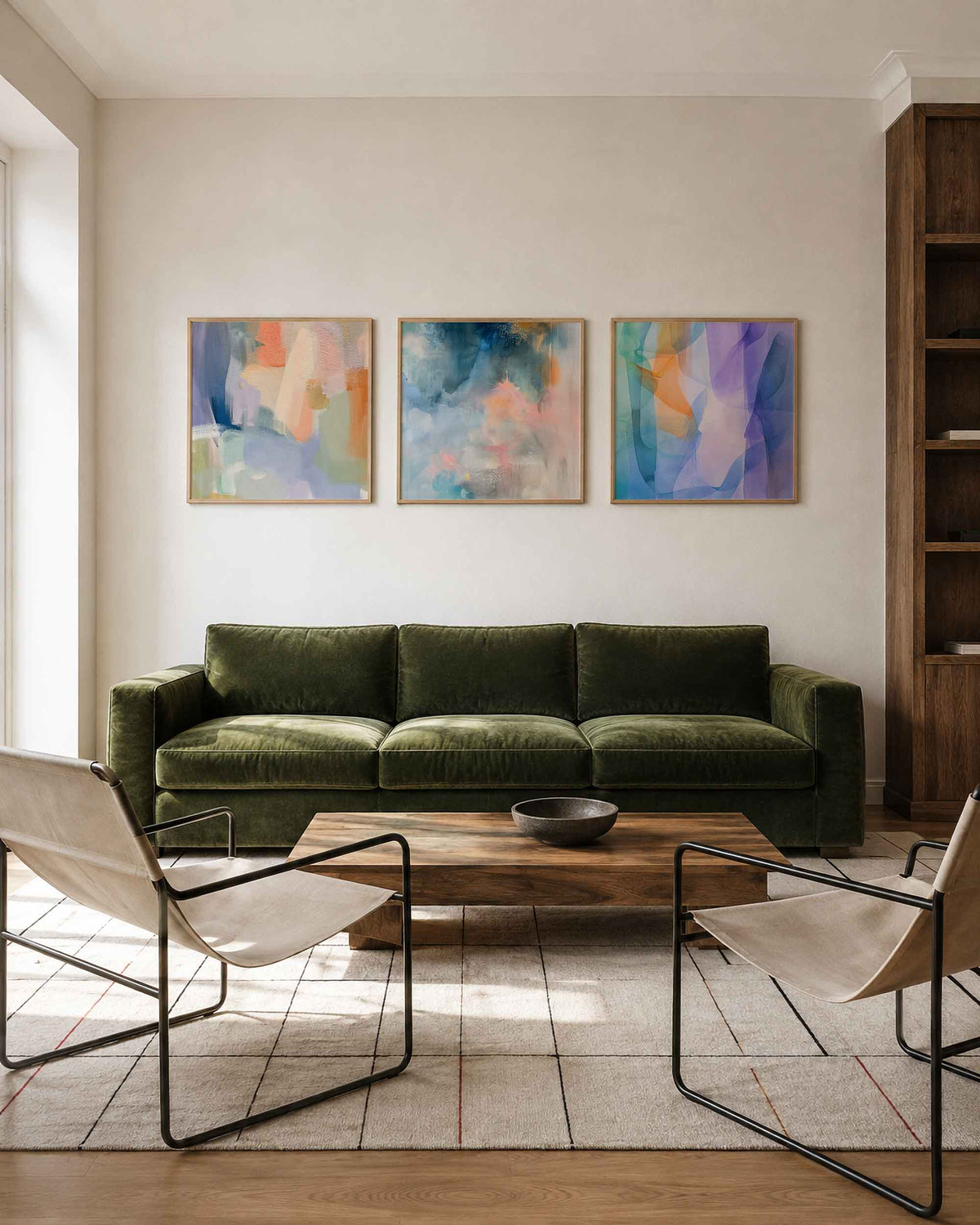Interieurpresentatie van een driedelige vierkante posterset met abstracte kleuren