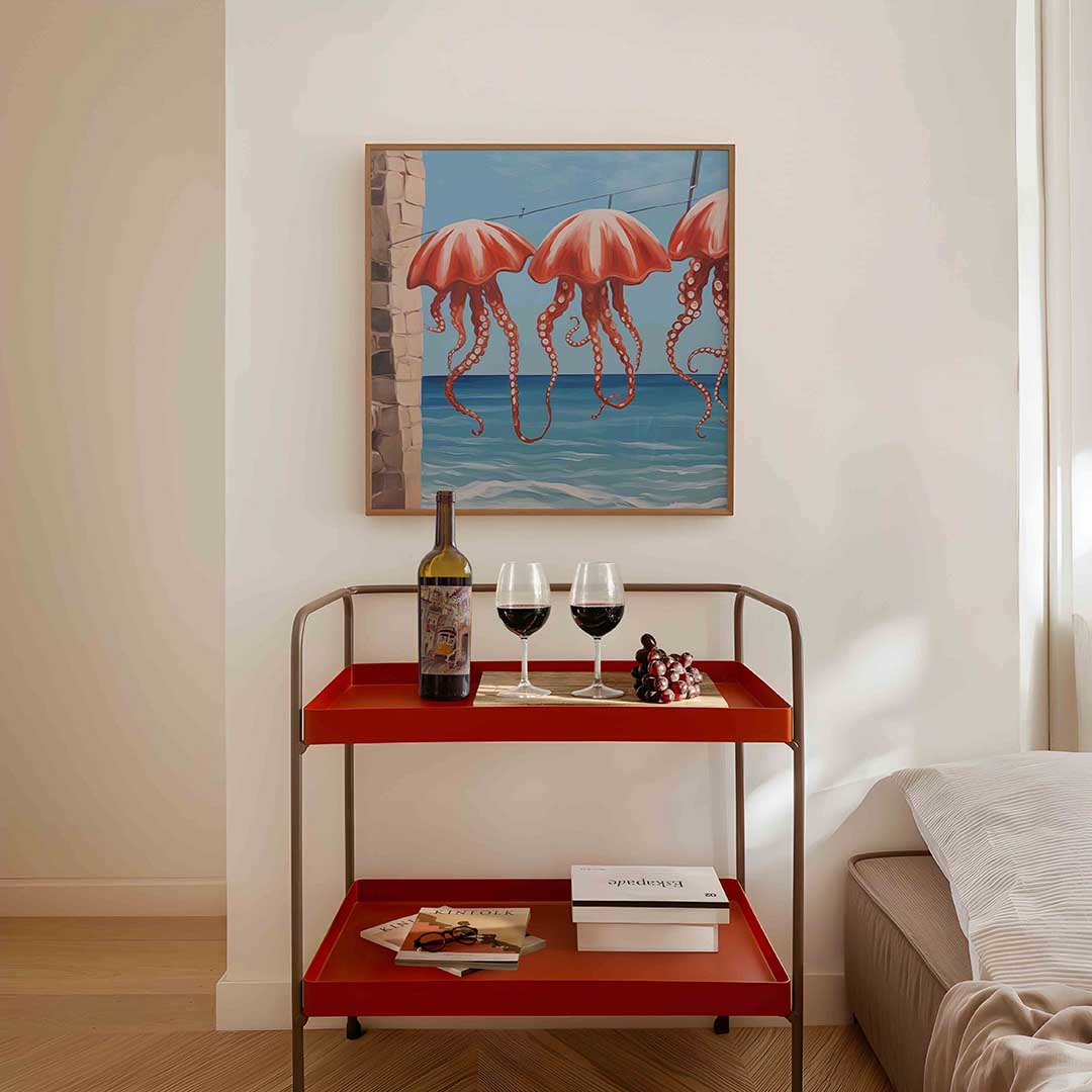 Rode kwallen boven zee Poster