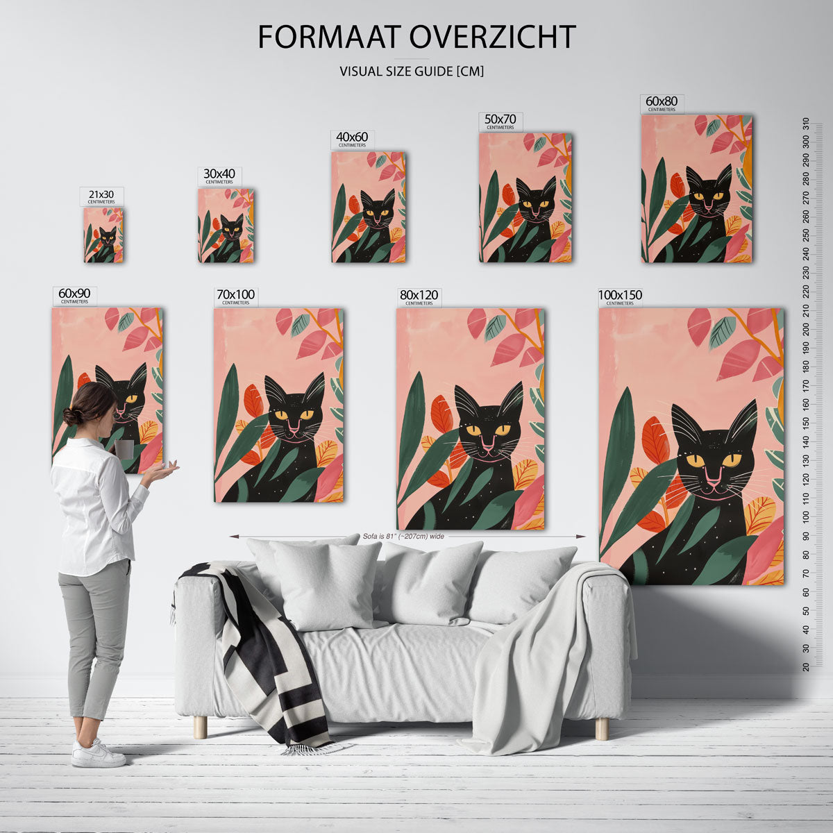 Zwarte kat met bladeren Poster