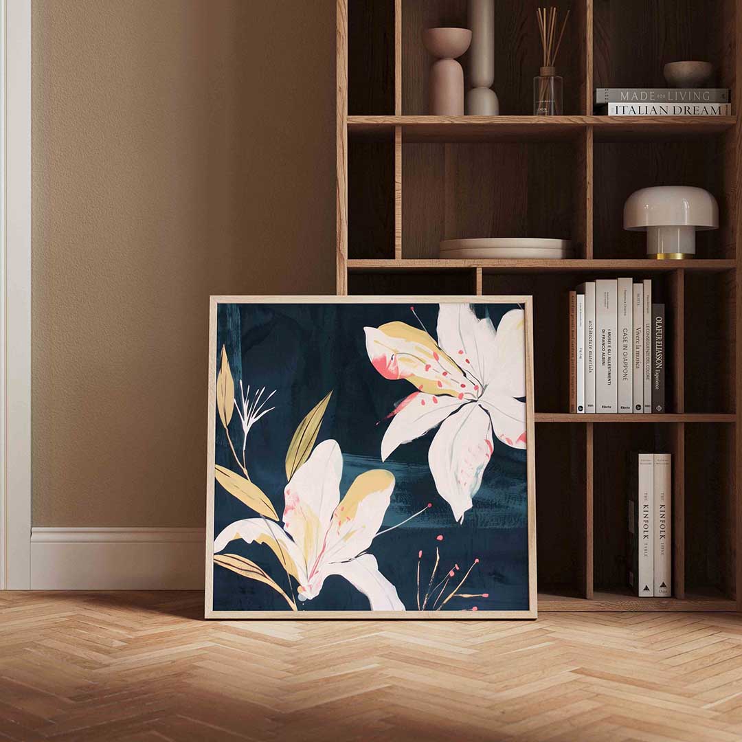 Witte bloemen en bladeren Poster