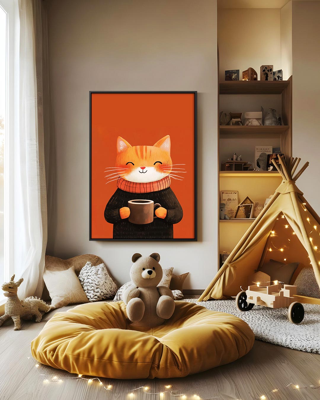 Vrolijke kat met mok Kunstwerk