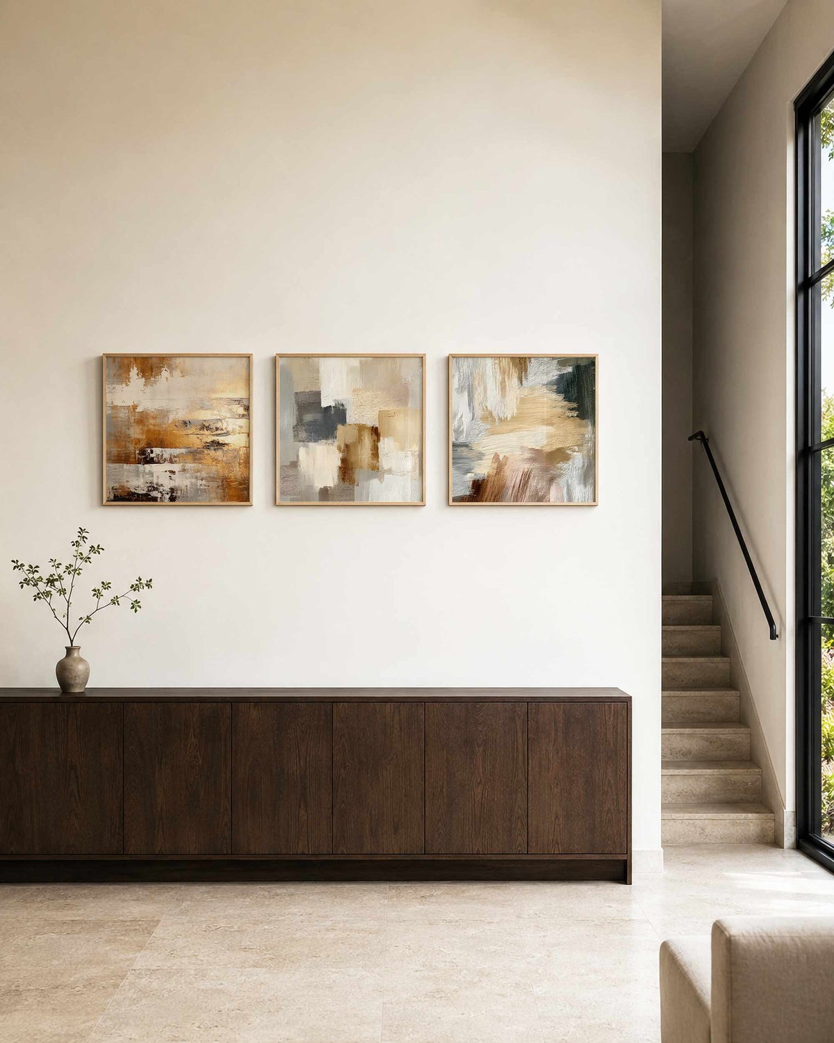 Interieurpresentatie van een driedelige vierkante posterset met abstracte aardetinten